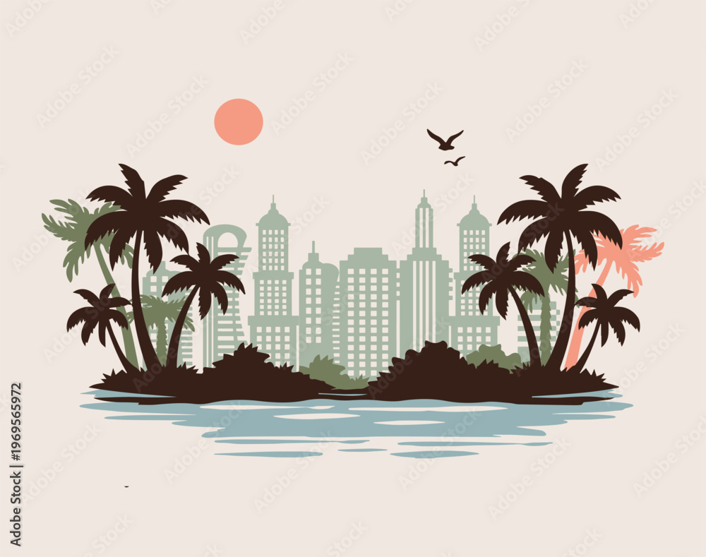 Obraz premium palm trees and skyscrapers vector silhouette