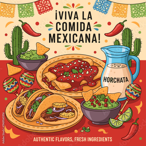 Vibrant illustration celebrating Mexican cuisine with tacos, enchiladas, guacamole, and horchata, adorned with festive decorations.