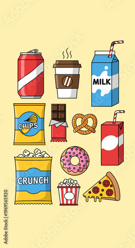A vibrant collection of popular snack foods and beverages, including soda, coffee, milk, chips, chocolate, pretzels, popcorn, donuts, and pizza, arranged against a light yellow background.