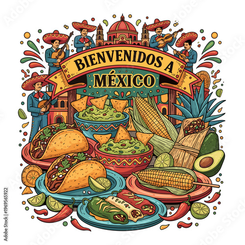 Vibrant illustration of Mexican culture and cuisine, featuring traditional food, music, and architecture, with the text "Bienvenidos a México".
