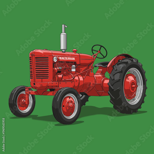 Vintage Red Tractor Farm Equipment Vehicle.