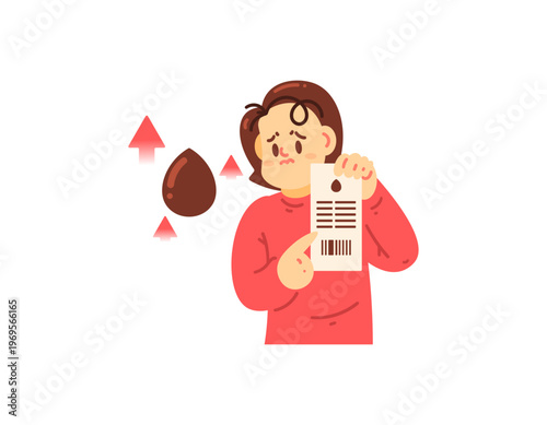Illustration of a woman saddened by rising gasoline prices and showing a receipt. Fuel prices are getting more expensive. Fuel price hike. Economic problems. Flat style character illustration.