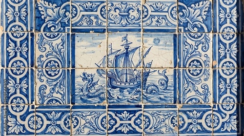 Portuguese-style ceramic tiles pattern in blue and white, realistic texture