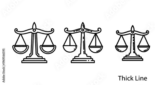 Scales balance icons with simple line art design and thin and thick line variations, representing justice.