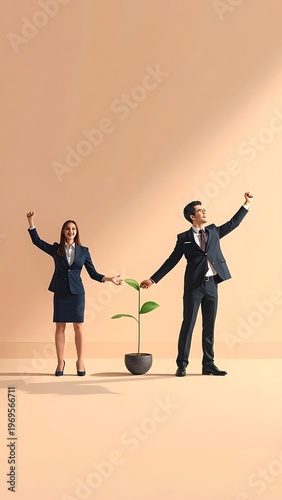 A business duo celebrates success. They stand holding hands over a growing plant, arms raised against a soft background