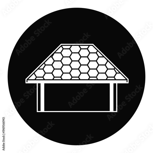 Simple line drawing of a house with honeycomb roof in circle icon