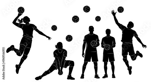 Volleyball Players Silhouettes in Action with Balls, Dynamic Sports Scene
