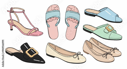 Vector shoes, women's footwear, sandals, slippers, high heels, flats, 8-piece collection
