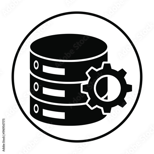 Black and white icon of database server with gear inside circle icon