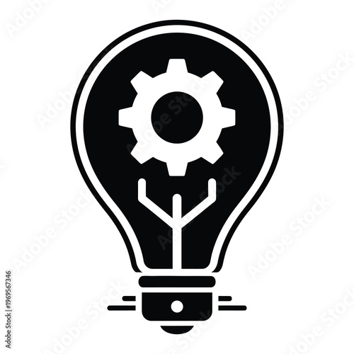 Black and white light bulb with gear inside on white background icon