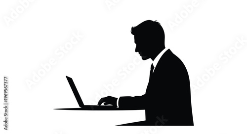 A professional businessman in a crisp suit is intently working on his laptop, presented as a stark dark silhouette against a clean white background, perfectly illustrating concepts of focused work, co