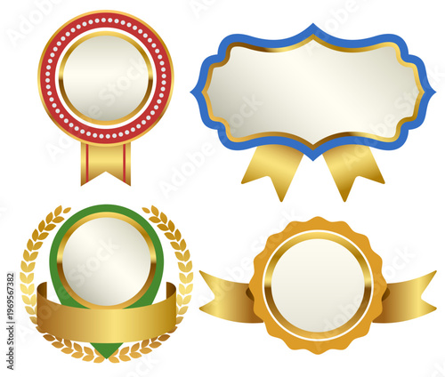 リボン付きゴールドバッジと多彩なエンブレムのコレクション、認証やランキング表示に最適なクラシック装飾素材セット