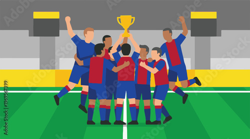 Victorious soccer team celebrating with championship trophy on the field