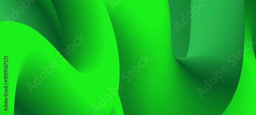 鮮やかなグリーングラデーションの立体ウェーブが重なる未来的な抽象背景素材、流れる曲面デザインが印象的なモダン3Dスタイル