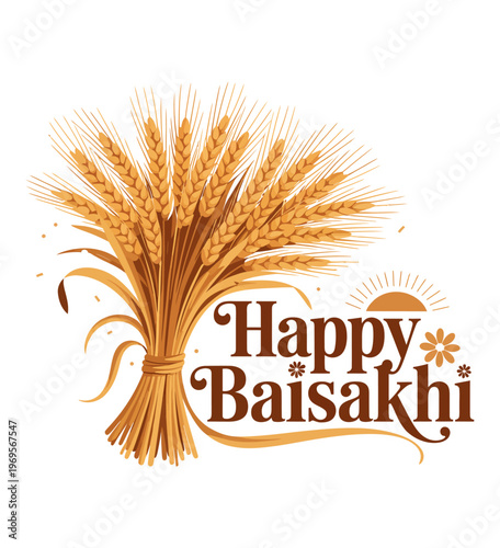 Happy Baisakhi Golden Wheat Harvest Festival Typography Illustration, Baisakhi, Vaisakhi Festival, Harvest Festival Punjab