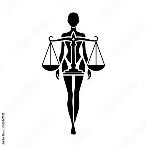 A minimalist black silhouette of the Libra zodiac sign represented as a stylized female figure holding scales, 