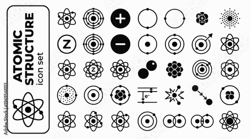 Atomic Structure Bold Line Icons-Bohr Atom Electron Shell Proton Neutron Nucleus Electron Cloud Isotope Ionization-20 Atomic Icon Set Vector - Atomic Structure Icons