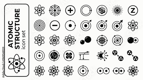 Atomic Structure Bold Line Icons-Bohr Atom Electron Shell Proton Neutron Nucleus Electron Cloud Isotope Ionization-20 Atomic Icon Set Vector - Atomic Structure Icons