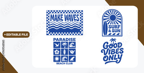 Vector graphic set with a tropical surf and sun theme illustrations. Including phrases such as "Make Waves", "Surf & Sun", "Paradise Beach Club", and "Good Vibes Only". Ideal for t-shirt print, poster