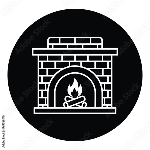 Fireplace with burning logs inside brick archway in circle icon