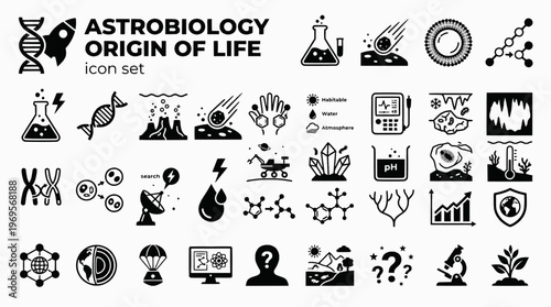 Astrobiology Origin of Life Bold Line Icons-Primordial Soup RNA World Hydrothermal Vent Panspermia Protocell Biosignature Extremophile-20 Astrobiology Icon Set Vector - Origin Life Icons