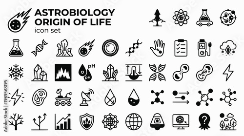Astrobiology Origin of Life Bold Line Icons-Primordial Soup RNA World Hydrothermal Vent Panspermia Protocell Biosignature Extremophile-20 Astrobiology Icon Set Vector - Origin Life Icons