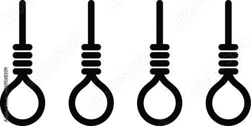 Noose rope knot icon set, black silhouette collection of looped rope knots and gallows style shapes for warning hazard and historical symbol design.