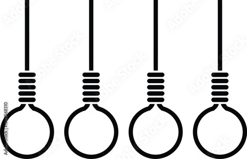 Noose rope knot icon set, black silhouette collection of looped rope knots and gallows style shapes for warning hazard and historical symbol design.