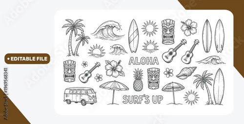 A tropical beach and surf-themed vector set with palm trees, waves, surfboards, a van, flamingos, and ocean elements with quotes, in a bold graphic style. Perfect for t-shirt prints, posters, stickers