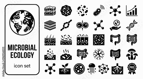 Microbial Ecology Bold Line Icons-Biofilm Quorum Sensing Horizontal Gene Transfer Microbial Mat Extremophile Gut Microbiome Soil-20 Microbial Ecology Icon Set Vector - Microbiology Icons