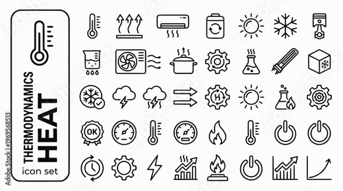 Thermodynamics Heat Transfer Bold Line Icons-Thermometer Conduction Convection Radiation Entropy Carnot Boiling Thermal-25 Thermodynamics Icon Set Vector - Heat Transfer Icons 
