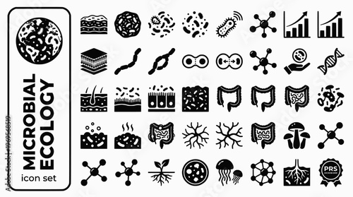 Microbial Ecology Bold Line Icons-Biofilm Quorum Sensing Horizontal Gene Transfer Microbial Mat Extremophile Gut Microbiome Soil-20 Microbial Ecology Icon Set Vector - Microbiology Icons