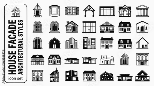House Facade Architectural Styles Bold Line Icons-Victorian Bay Window Georgian Sash Arts Crafts Modernist Flat Roof Tudor Colonial Craftsman Mid-Century-15 Facade Styles Icon Set Vector - Architectur