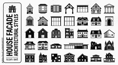 House Facade Architectural Styles Bold Line Icons-Victorian Bay Window Georgian Sash Arts Crafts Modernist Flat Roof Tudor Colonial Craftsman Mid-Century-15 Facade Styles Icon Set Vector - Architectur