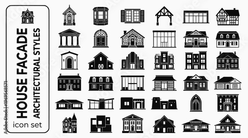 House Facade Architectural Styles Bold Line Icons-Victorian Bay Window Georgian Sash Arts Crafts Modernist Flat Roof Tudor Colonial Craftsman Mid-Century-15 Facade Styles Icon Set Vector - Architectur
