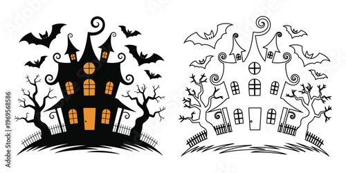 Spooky halloween scene with haunted house and ghostly elements