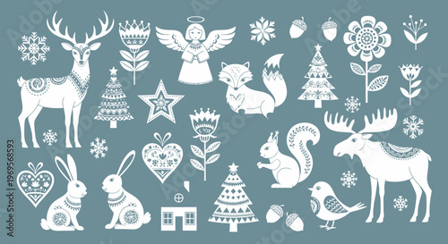 Charming Folk Art Christmas Vector Illustrations of Winter Animals and Symbols