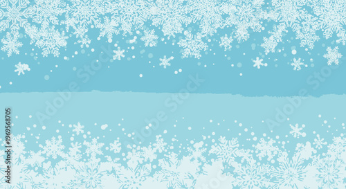 Beautiful Winter Snowflakes Falling on a Light Blue Background with Copy Space