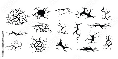 Collection of cracked surface textures and broken ground illustrations