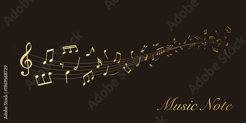 Gold wavy musical score on a black background: Vector illustration of musical notes dancing around a staff.