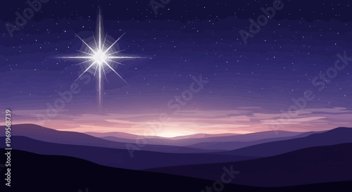 Bright Star Shines Over Serene Mountain Landscape at Dusk with Twilight Sky