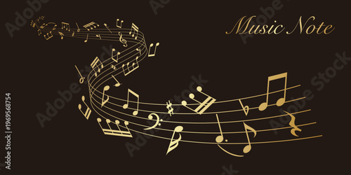 Gold wavy musical score on a black background: Vector illustration of musical notes dancing around a staff.