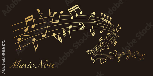 Gold wavy musical score on a black background: Vector illustration of musical notes dancing around a staff.