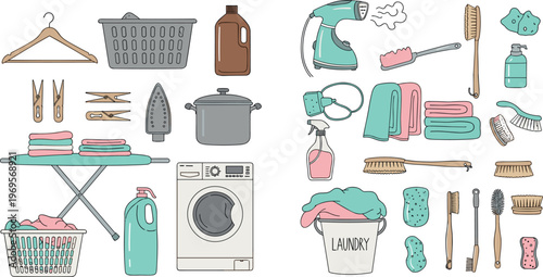 Laundry and Cleaning Supplies Collection with Washing Machine, Iron, Detergent, Brushes, and Household Items for Home Care Designs