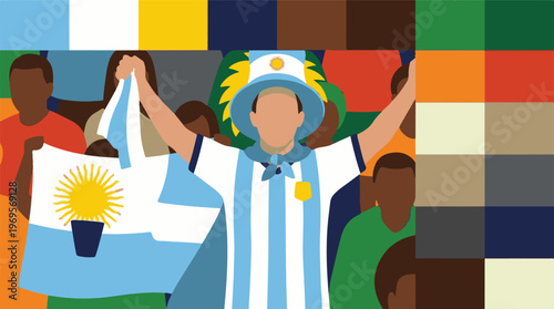 Diverse crowd celebrating sports with Argentinian flag and color palette
