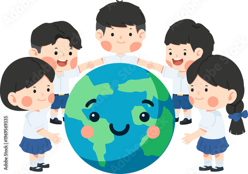 Children students holding hands around planet earth