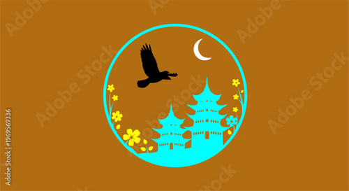 Circular graphic with silhouette of eagle, moon, and pagodas, east asian