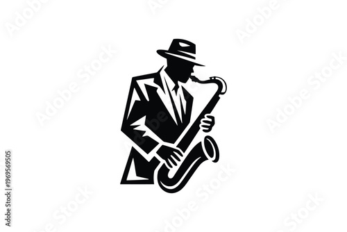 Silhouette of a man in a hat and suit playing a saxophone