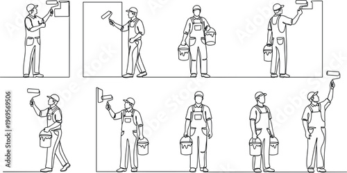 Painter Working Set with Wall Painting and Home Renovation Tasks in Various Stages of Painting