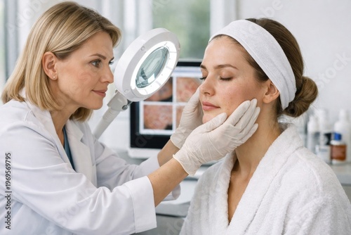 Cosmetologist examines female face with magnifier during skincare procedure in modern beauty clinic